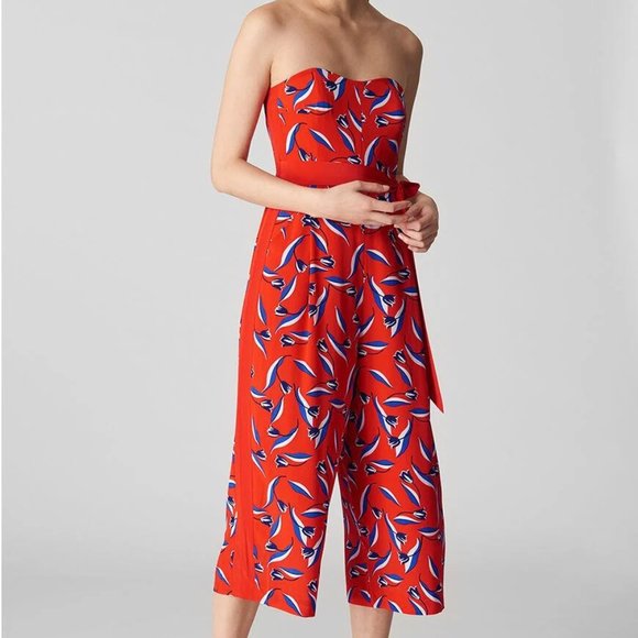 Whistles Lyza Pure Silk Tulip Print Jumpsuit, Red/Multi - Picture 1 of 9